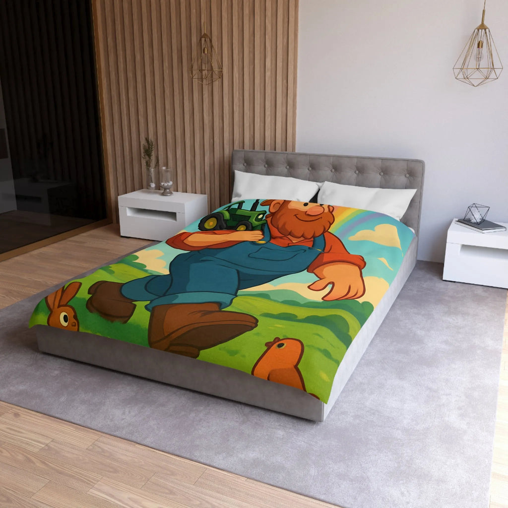 Housse de couette fermier joyeux avec animaux, arc-en-ciel et tracteur, paysage coloré