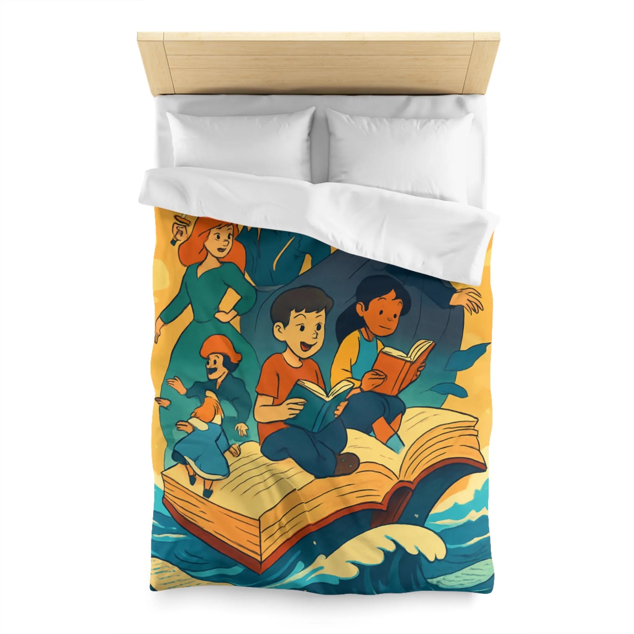 Housse de couette enfant rêve fantastique avec livre, vagues et personnages imaginaires