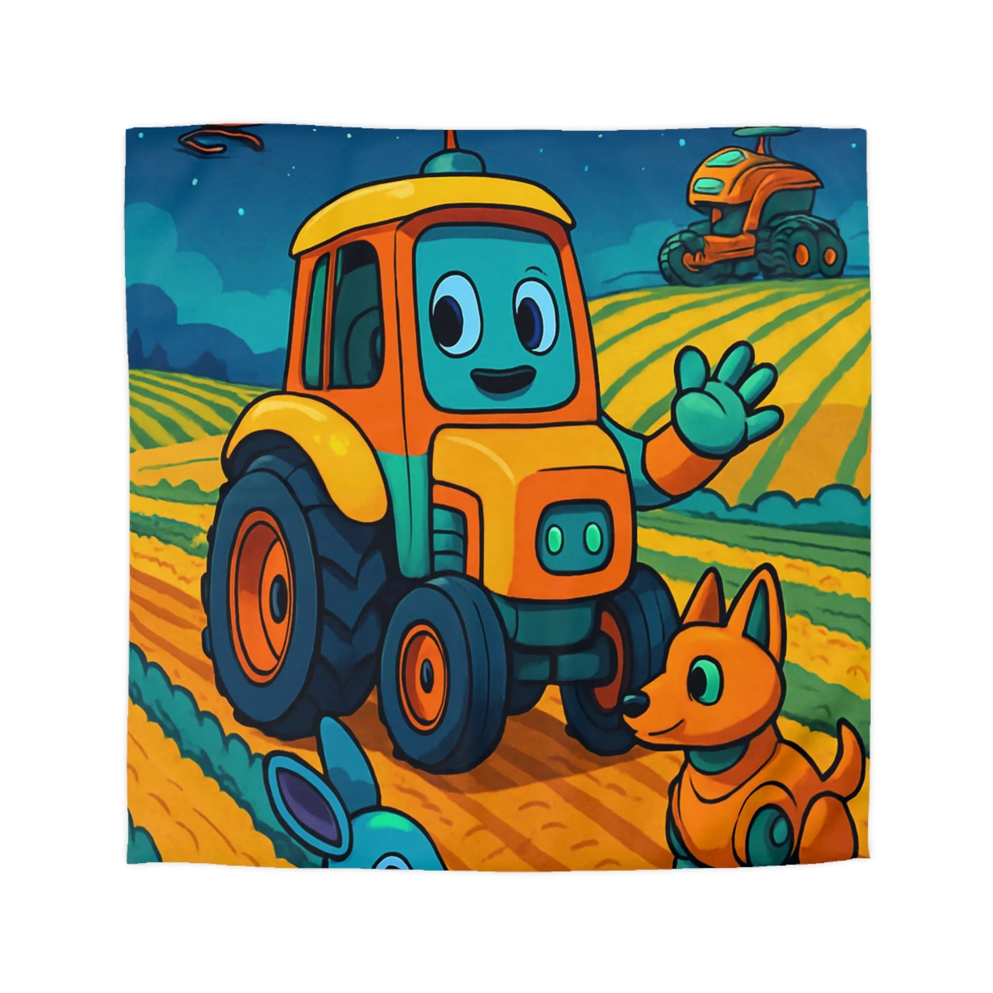 Housse de couette colorée avec tracteur joyeux, robots animaux et scène de ferme nocturne