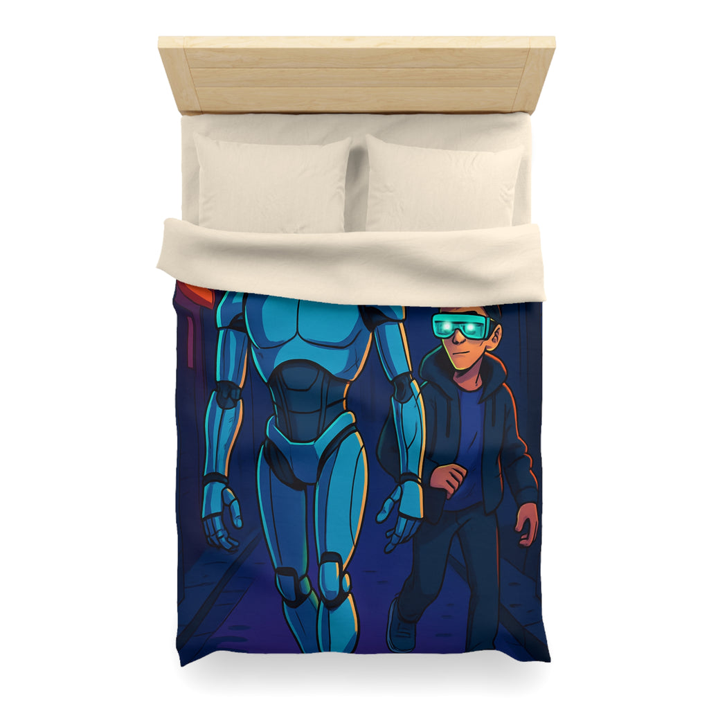 Housse de couette moderne avec illustration néon de robot et jeune avec lunettes lumineuses