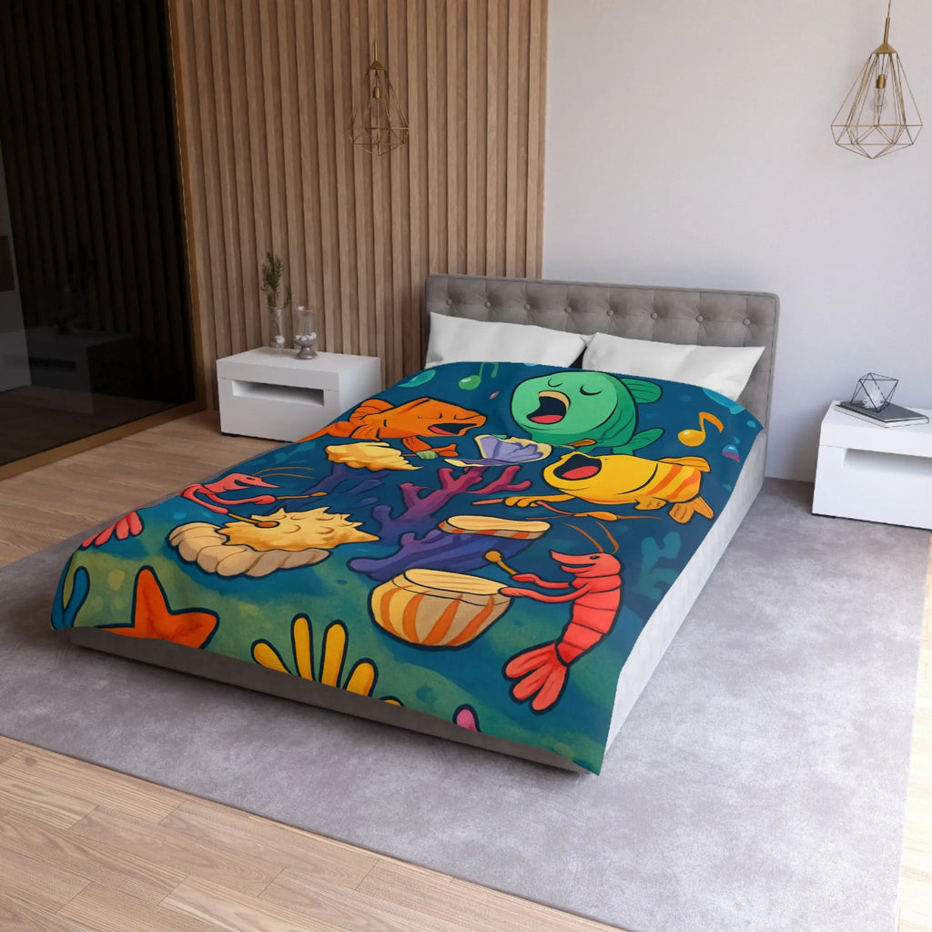 Housse de couette illustration colorée avec poissons chantants et crustacés musicaux sous l'océan