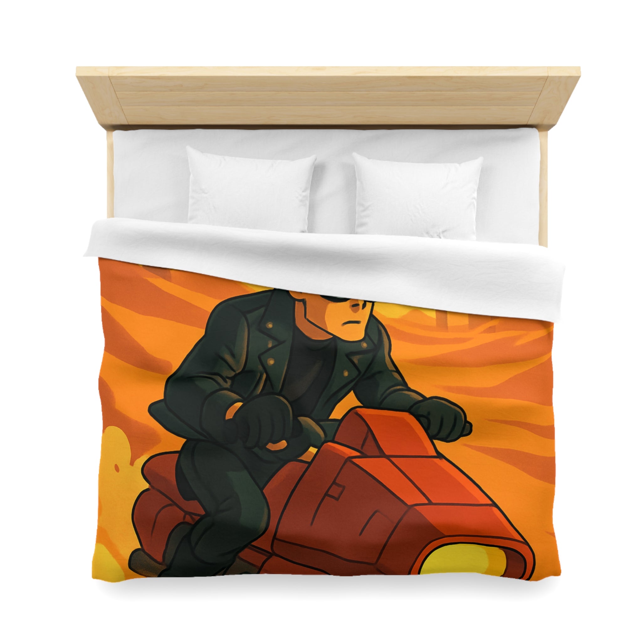 Housse de couette moto futuriste sur désert orangé avec soleil couchant et ruines