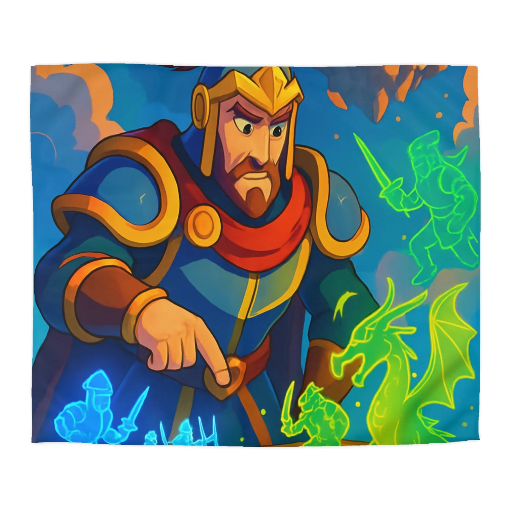 Housse de couette épique guerriers médiévaux et dragon sur plateau de jeu fantastique