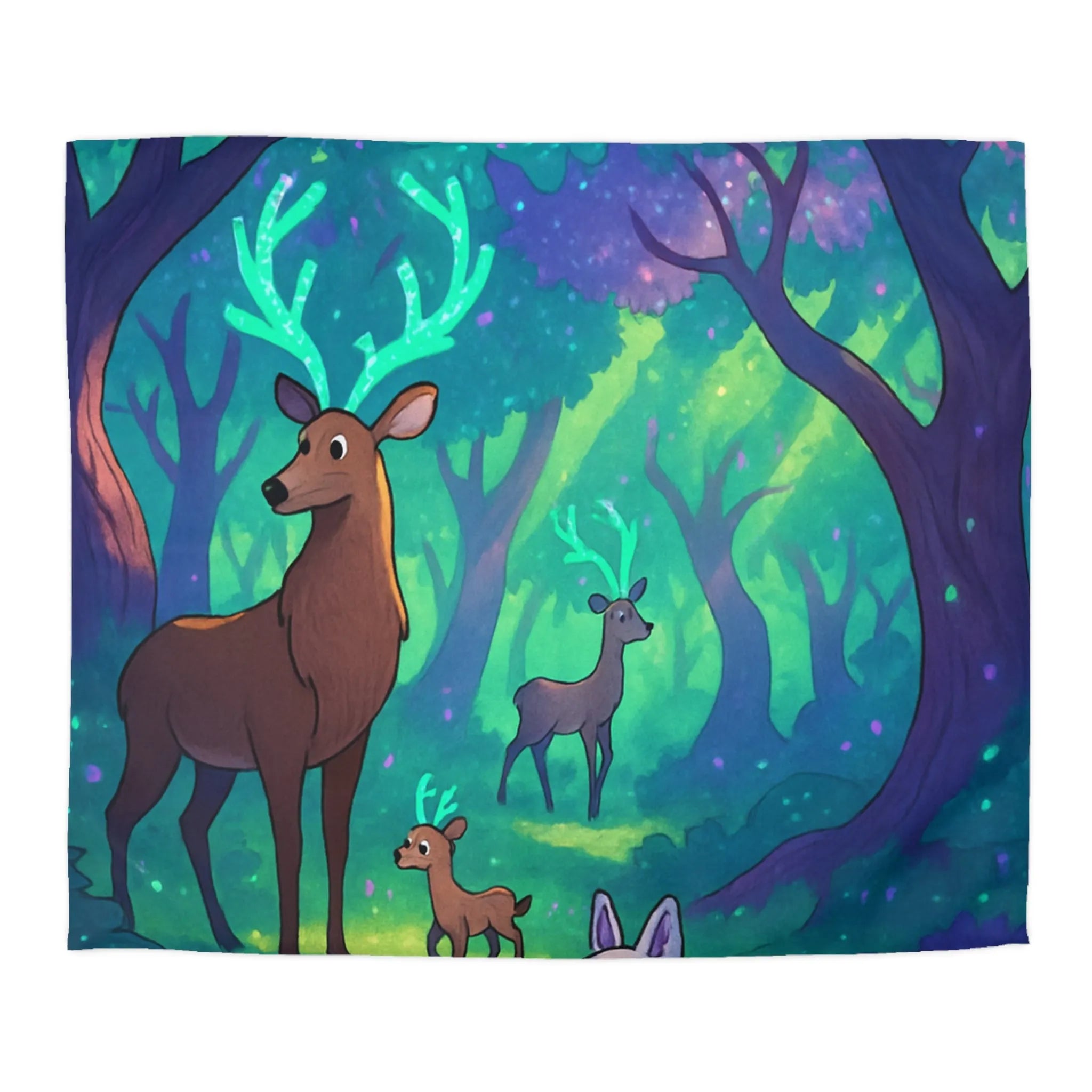 Housse de Couette Forêt Enchantée avec Cerfs Luminescents et Renard Magique Pour Enfants