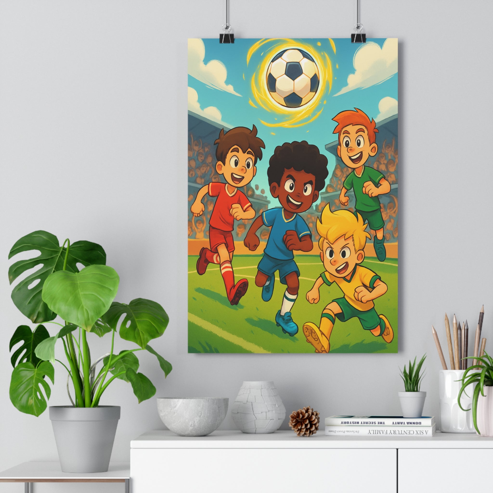 Poster décoratif animé enfant joyeux football coloré rouge vert sportif chambre jeux dynamique 30x46