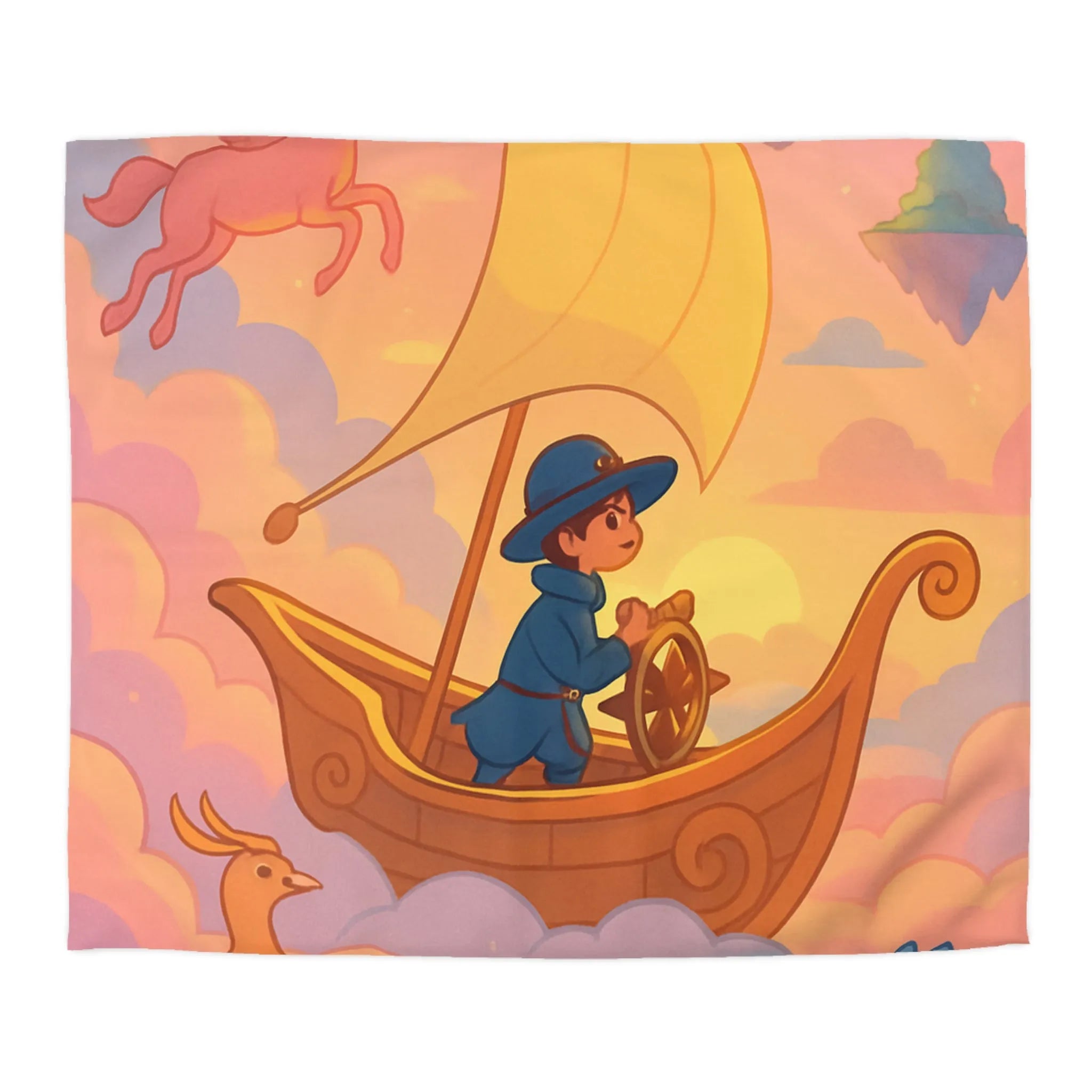 Housse de Couette Enchantée Avec Licorne et Bateau Volant Dans le Ciel Éthéré