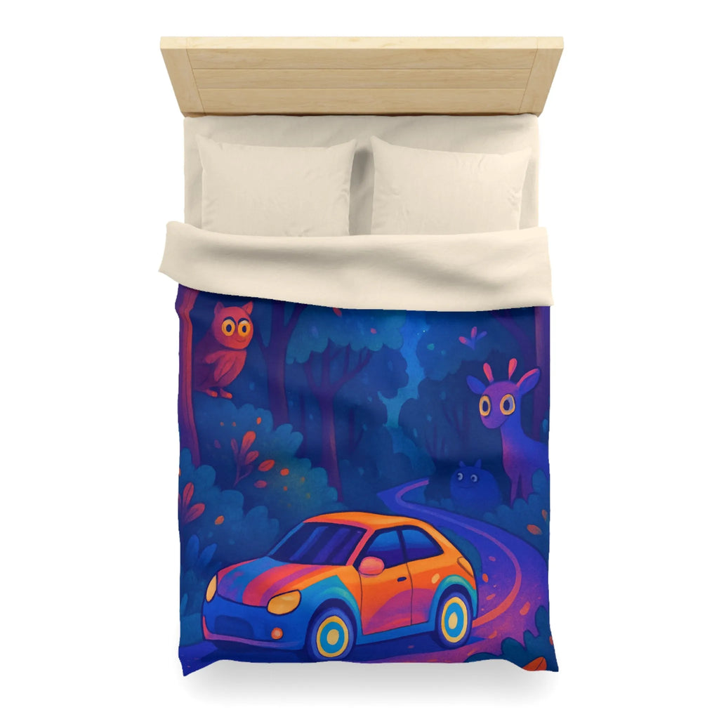 Housse de couette forêt magique avec voiture et animaux, ambiance nocturne colorée fantastique