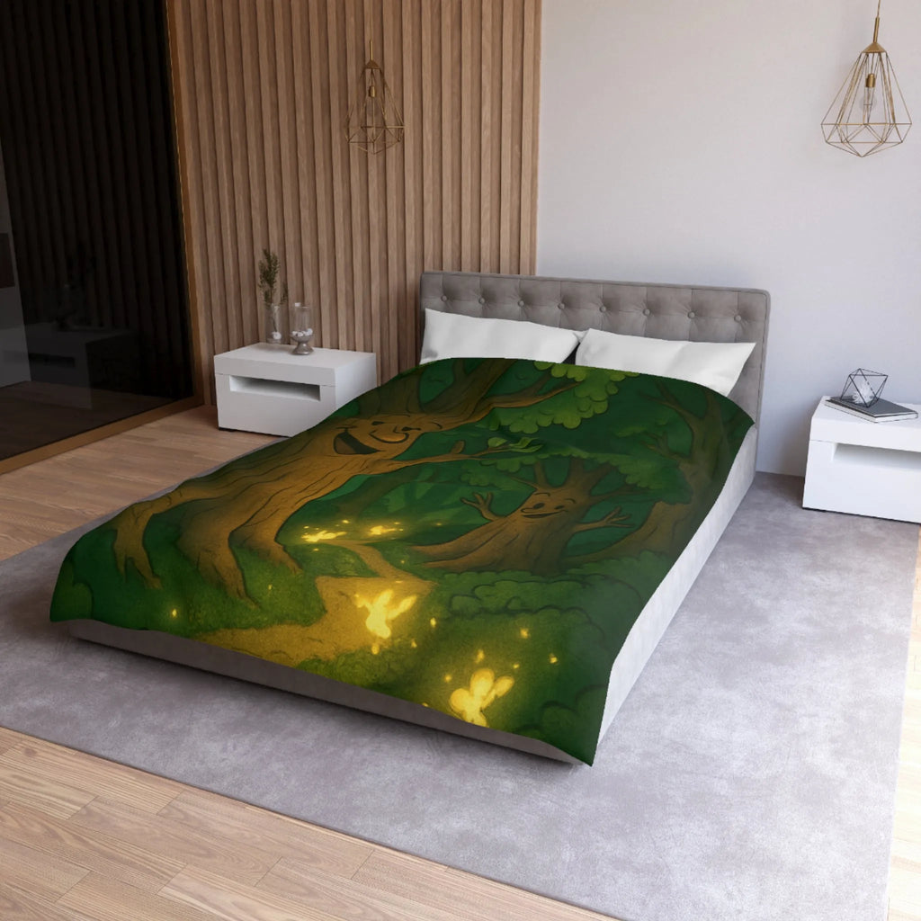 Enchanting Cartoon Forest Scene with Smiling Trees and Glowing Fireflies at Night