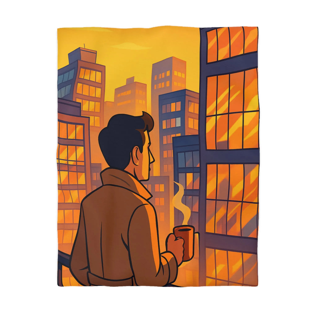 Housse de couette avec illustration urbaine au coucher de soleil et silhouette masculine