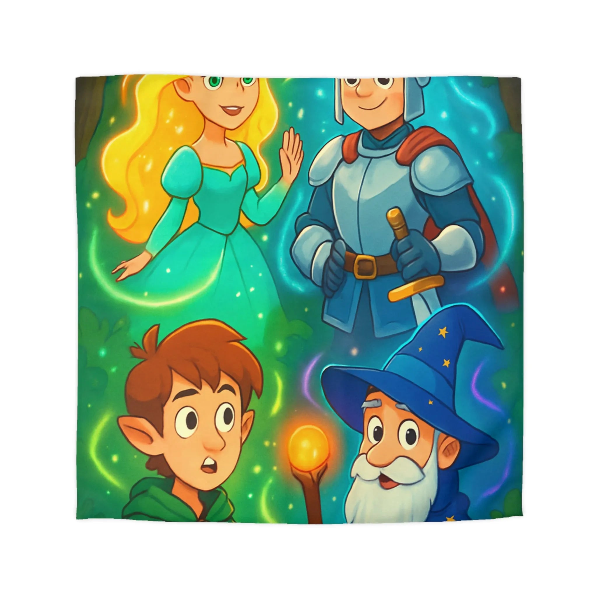 Housse de couette avec chevalier, magicien, princesse et elfes pour chambre enfant