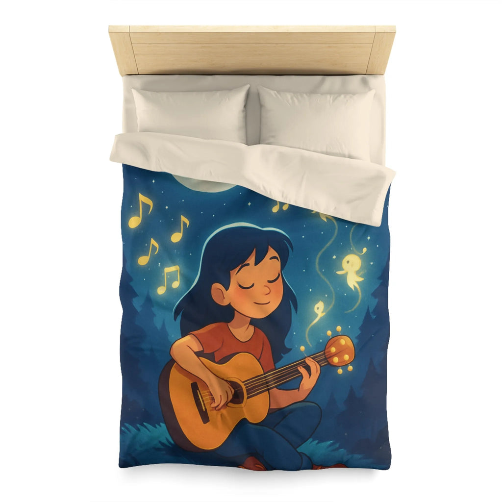 Housse de couette enchantée avec enfant jouant de la guitare sous la pleine lune