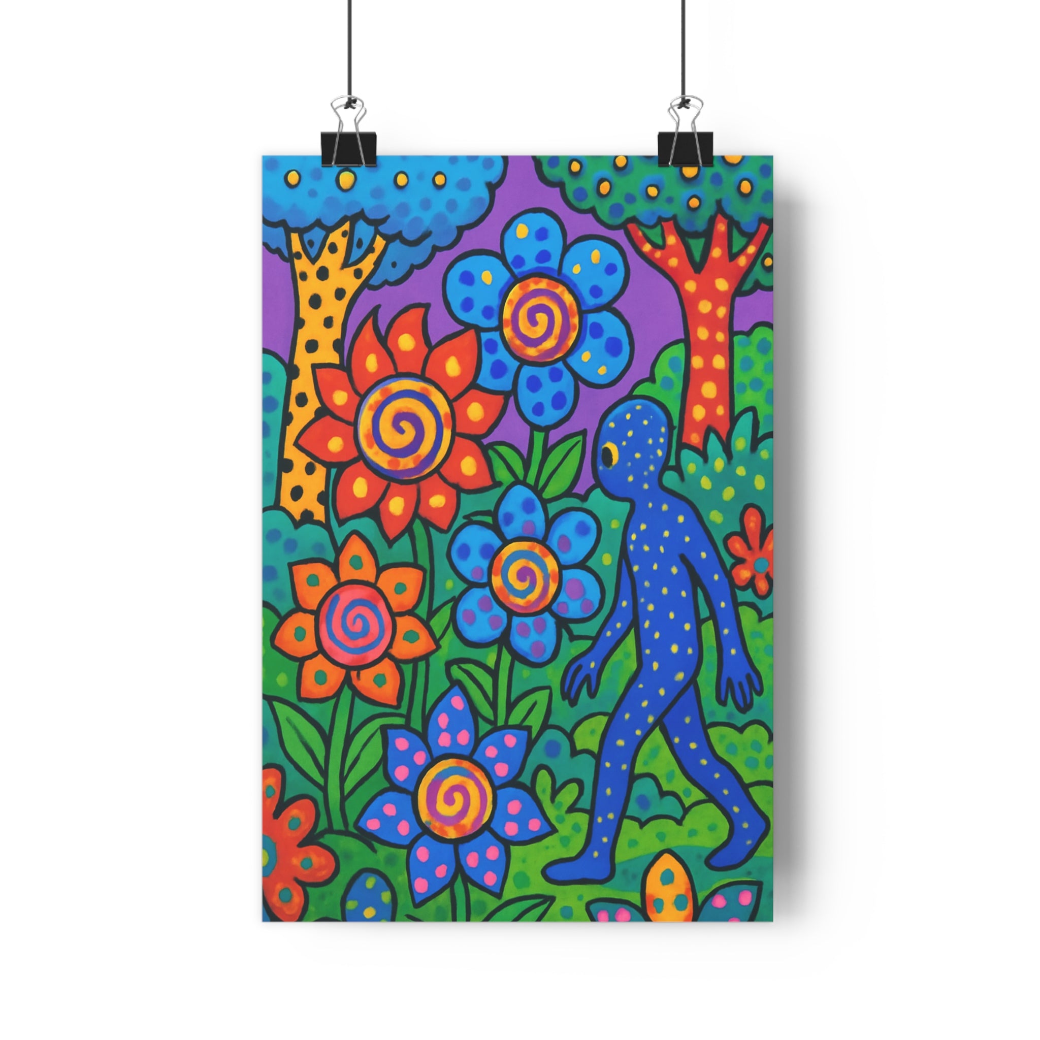 Poster décoratif psychédélique jardin multicolore joyeux salon chambre créatif bleu orange rouge vibrant fantaisie