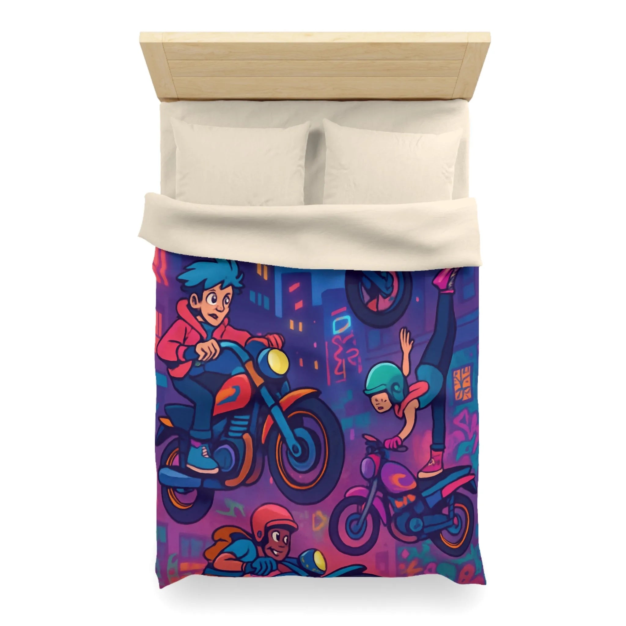 Housse de couette illustrée acrobaties moto urbaines néon dynamique style bande dessinée vibrante