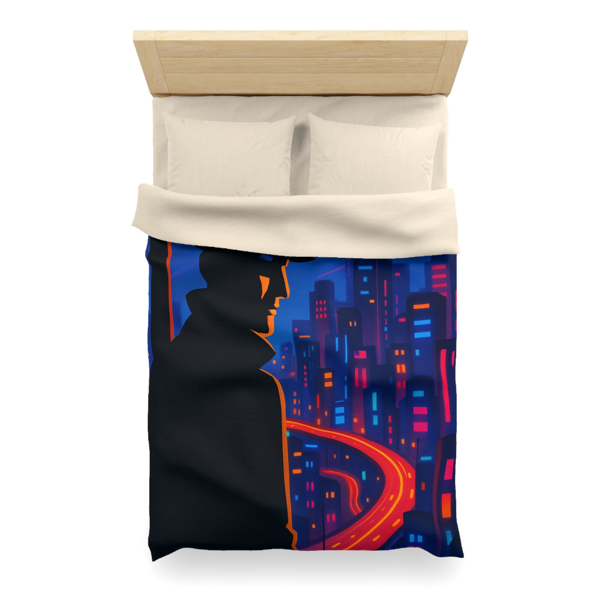 Housse de couette rétro mystérieuse avec silhouette urbaine nocturne et routes lumineuses