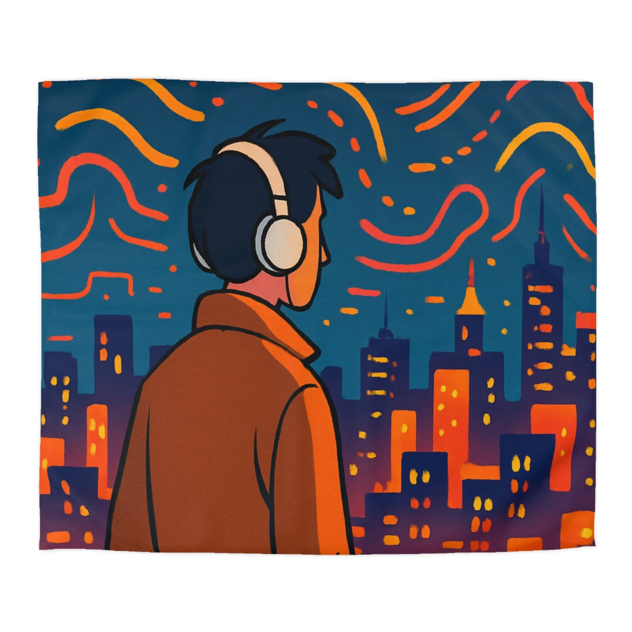 Housse de Couette avec Design Jeune Homme devant Ville Illuminée et Ciel Étoilé