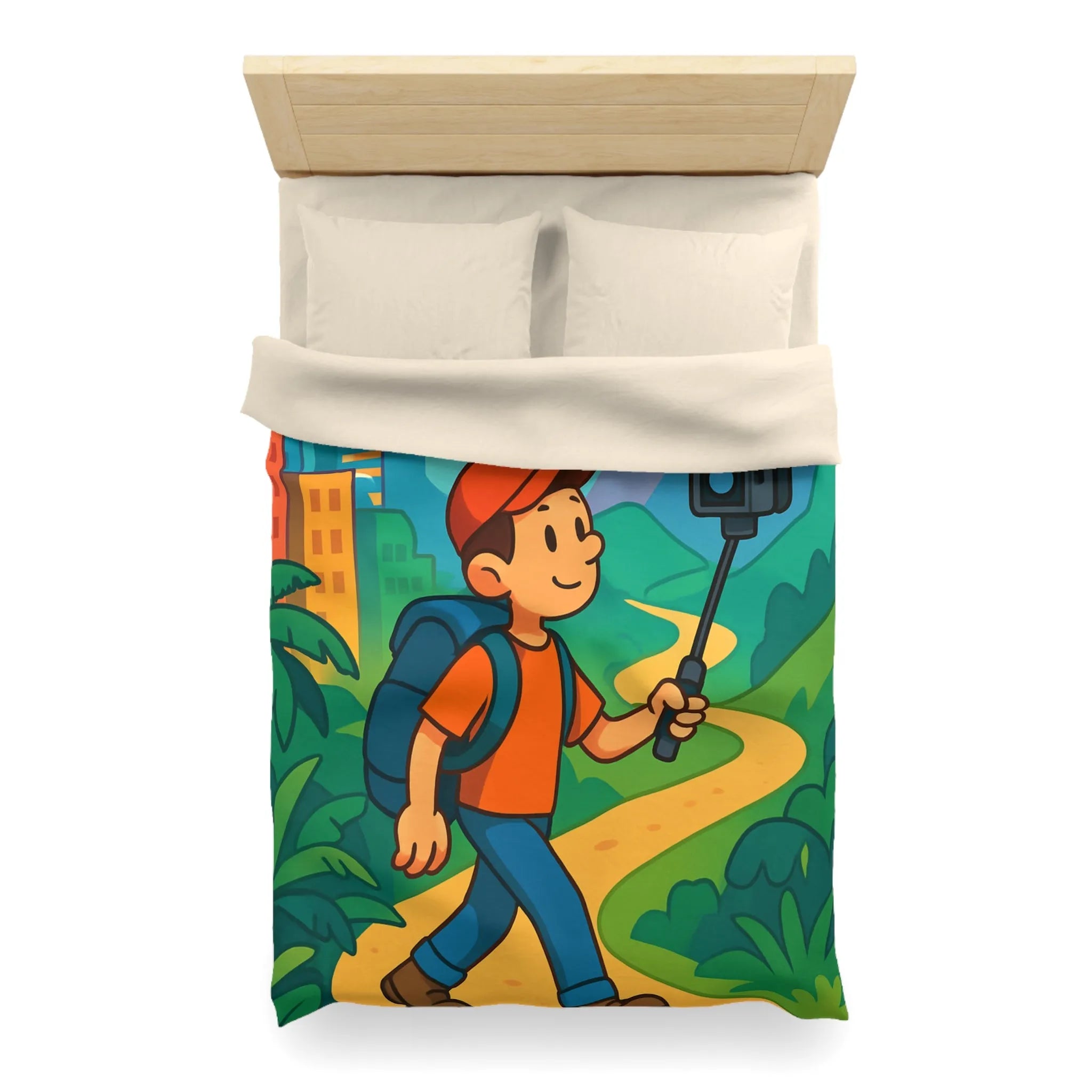 Housse de couette colorée montrant un voyageur joyeux en pleine randonnée montagnarde