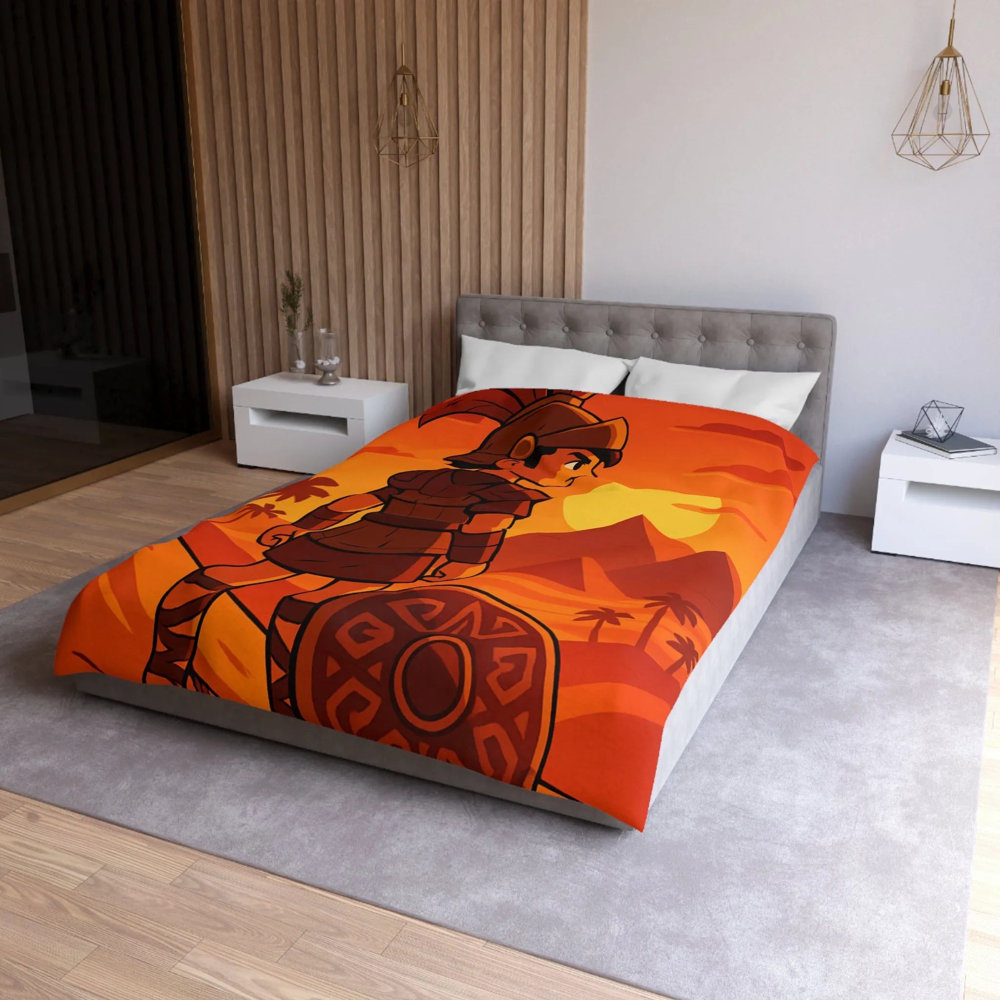 Housse de Couette Guerrier Antique Coucher de Soleil Égypte Pyramides Illustration Enfantine Vintage