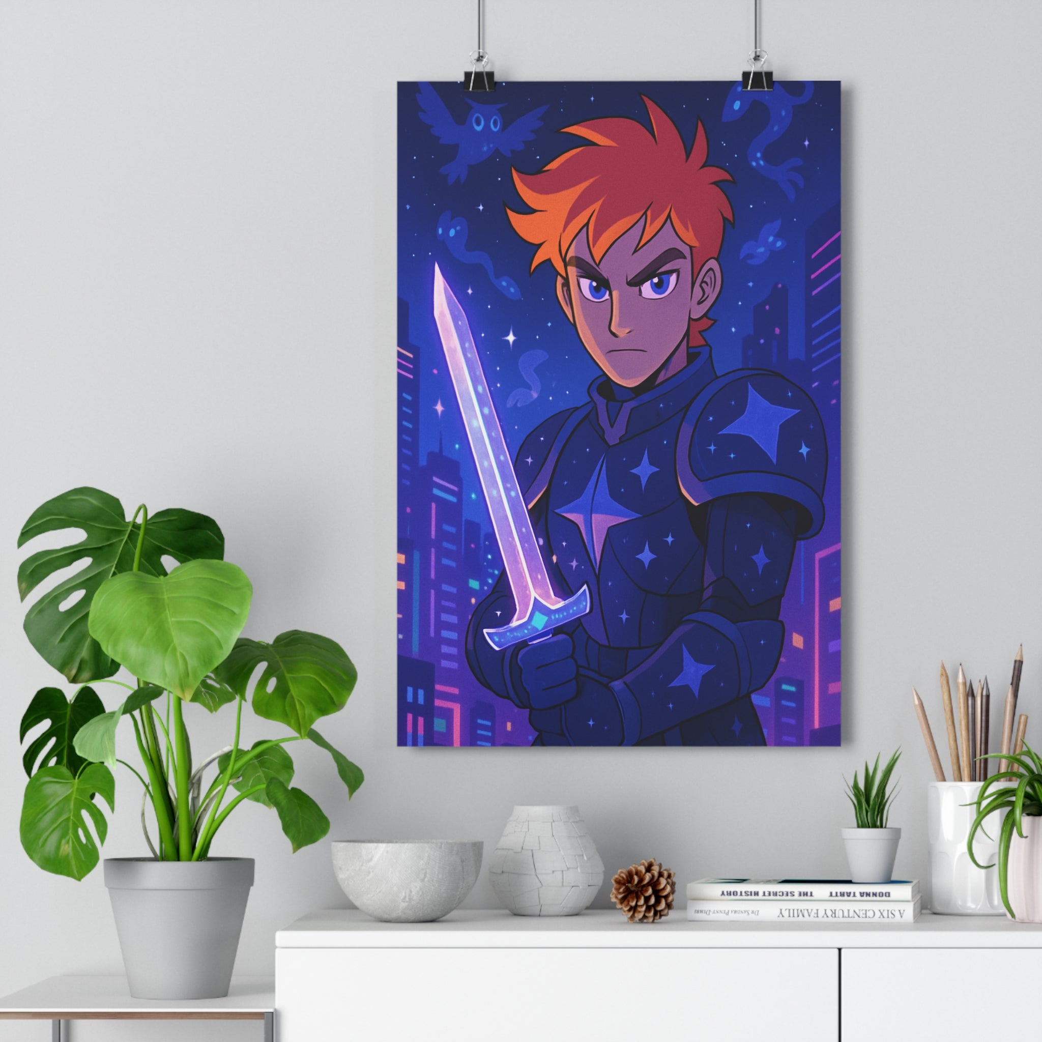 Poster décoratif guerrier céleste bleu violet futuriste mystique chambre salon ambiance épique fantastique vibrant