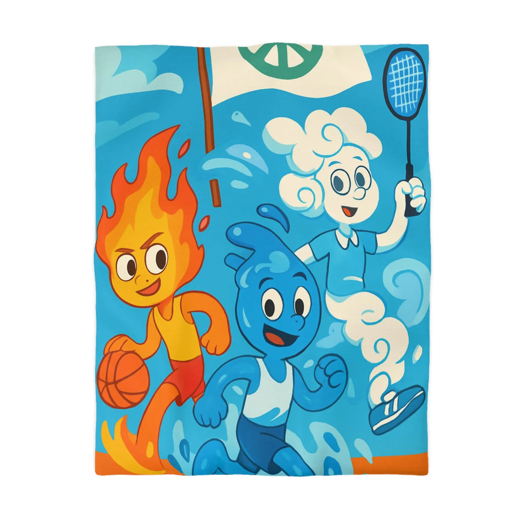 Housse de couette colorée avec motifs d’éléments sportifs et symbole de paix