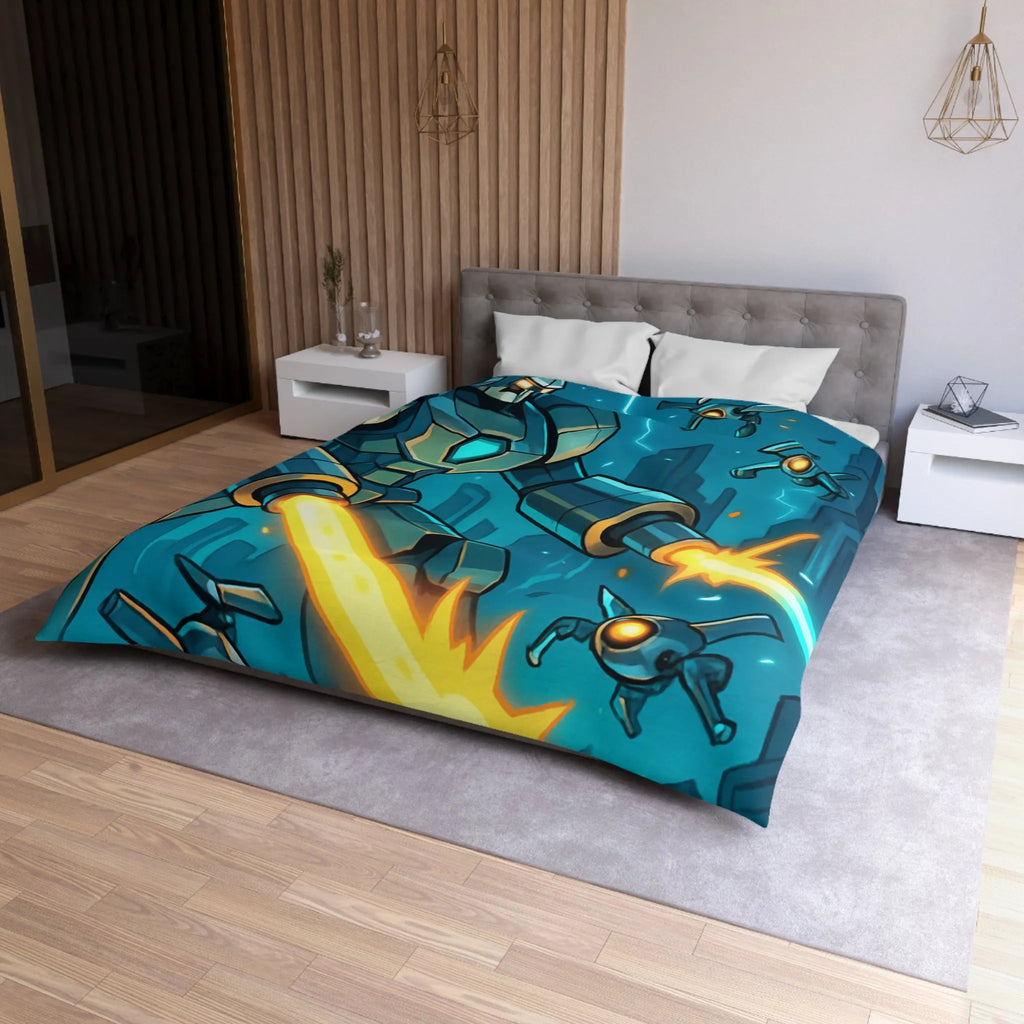 Housse de couette illustrant un robot tirant des lasers dans une ville futuriste la nuit