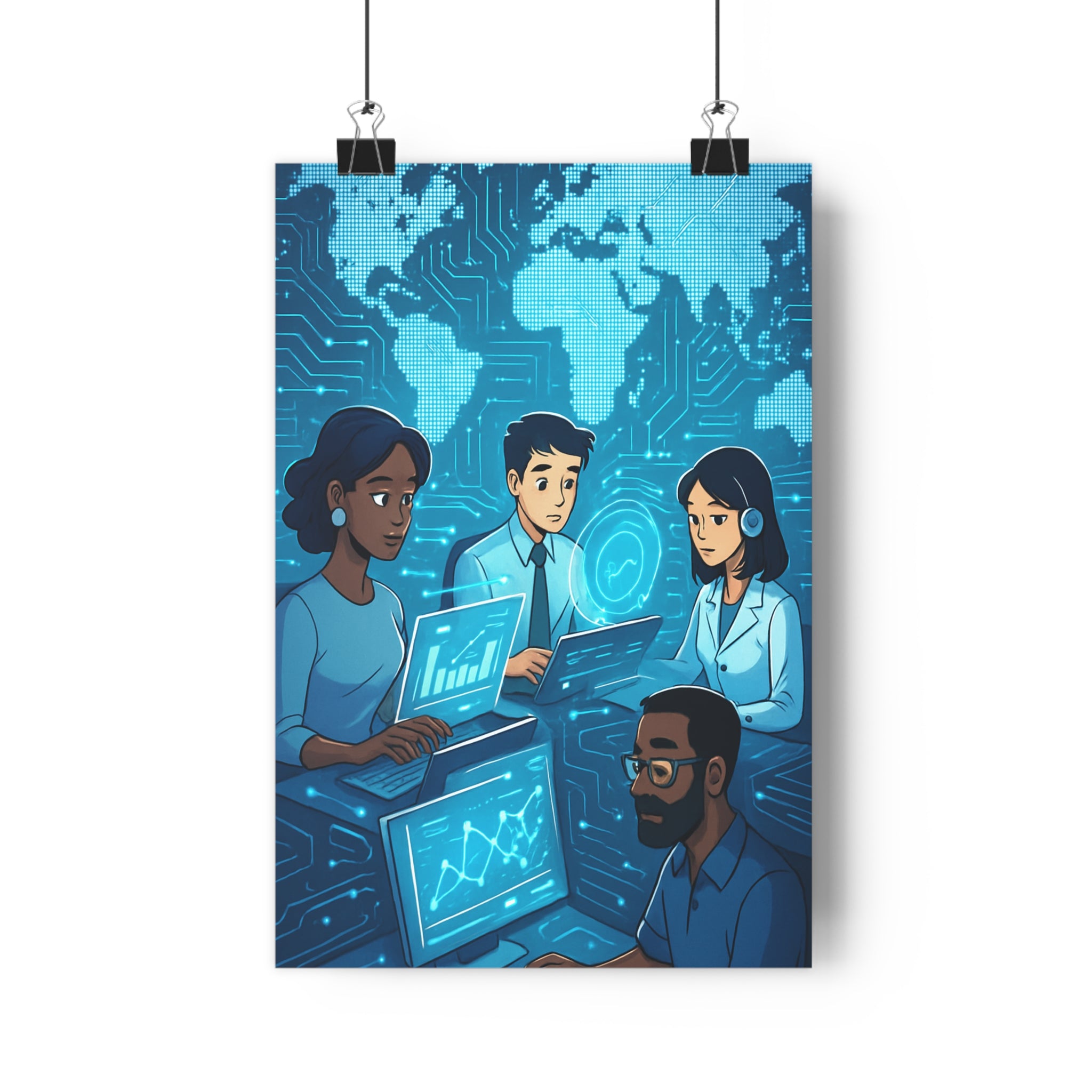 Poster décoratif cartoon technologique bleu futuriste bureau graphique connexion monde personnages innovant unique qualité
