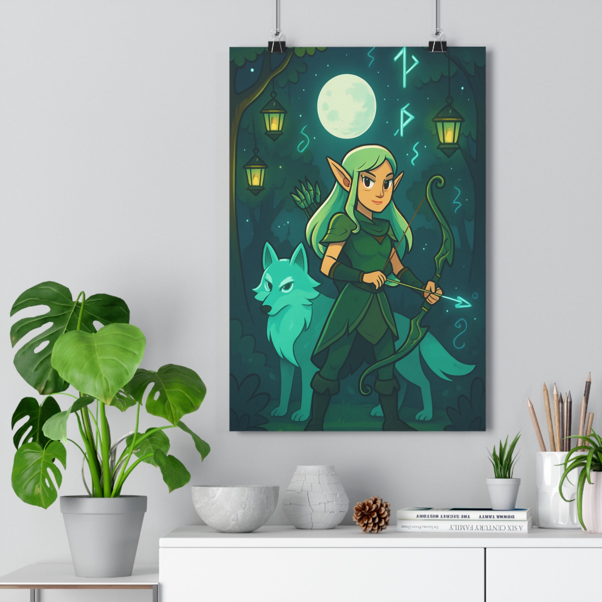 Poster décoratif elfique forêt enchantée vert bleu mystique féérique chambre enfant magique aventure nature