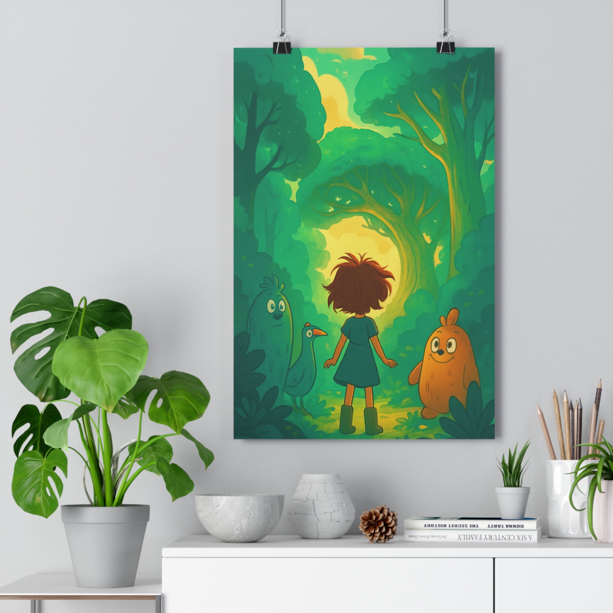 Poster décoratif enchanté vert jaune forêt mystique enfant créatures rêveur cartoon chambre animé chaleureux