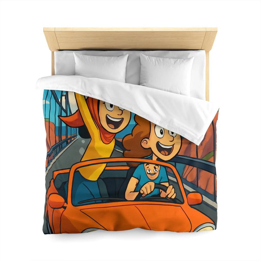 Housse de couette colorée avec illustration de famille en voiture sur pont suspendu