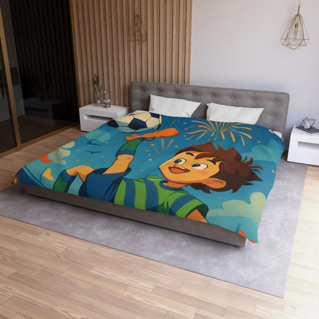 Housse de Couette Enfant Festive avec Football et Feux d'Artifice Multicolores Animés