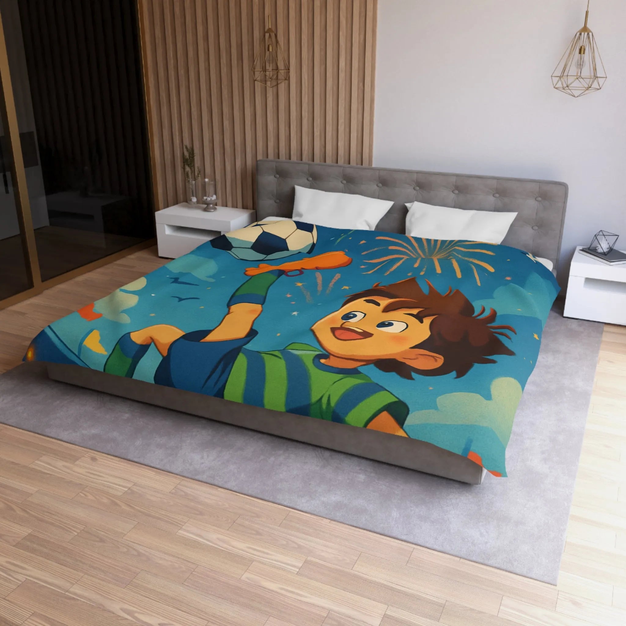 Housse de Couette Enfant Festive avec Football et Feux d'Artifice Multicolores Animés