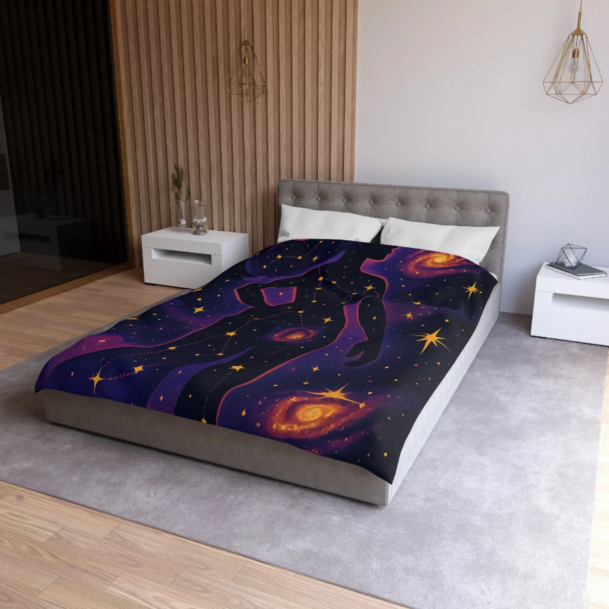 Housse de couette artistique silhouette femme constellation étoiles nébuleuses ambiance cosmique