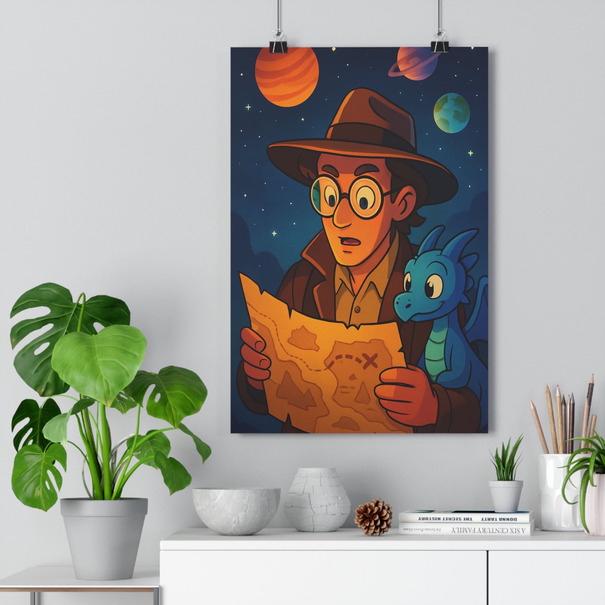 Poster décoratif explorateur dragon bleu vert orange enfant aventure magique cartoon murale chambre mystérieux