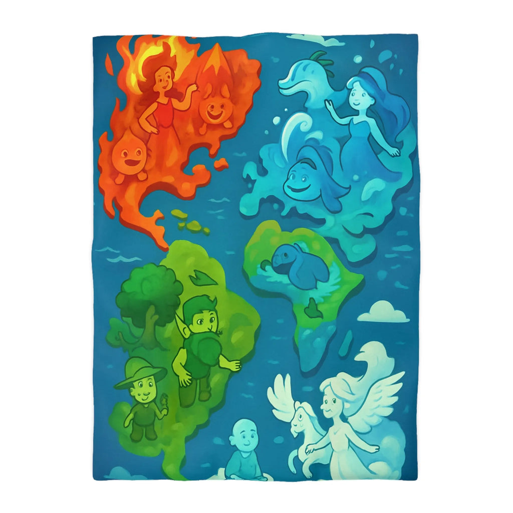 Housse de couette colorée avec illustration ludique des éléments naturels en harmonie