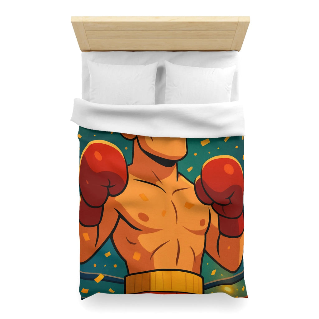 Housse de couette colorée avec boxeur en tenue rouge, ambiance festive dynamique