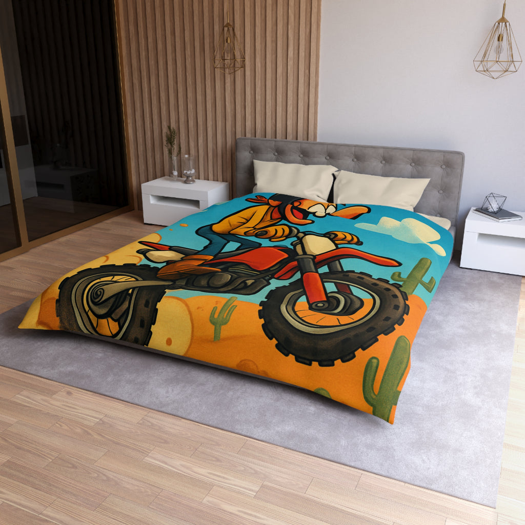 Motard animé sur motocross sautant à travers désert coloré avec cactus et nuages