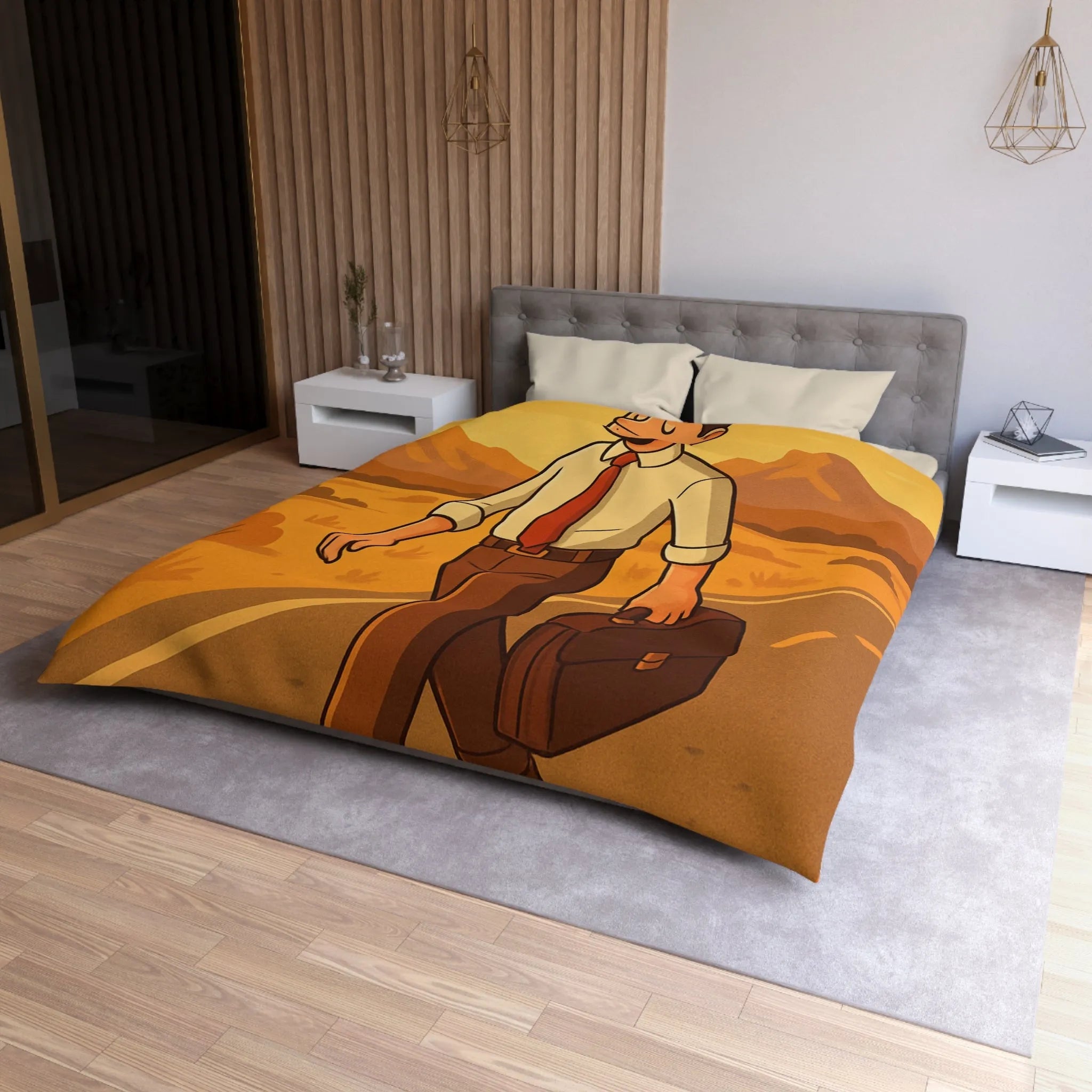 Housse de couette avec illustration d'homme marchant au coucher du soleil style rétro
