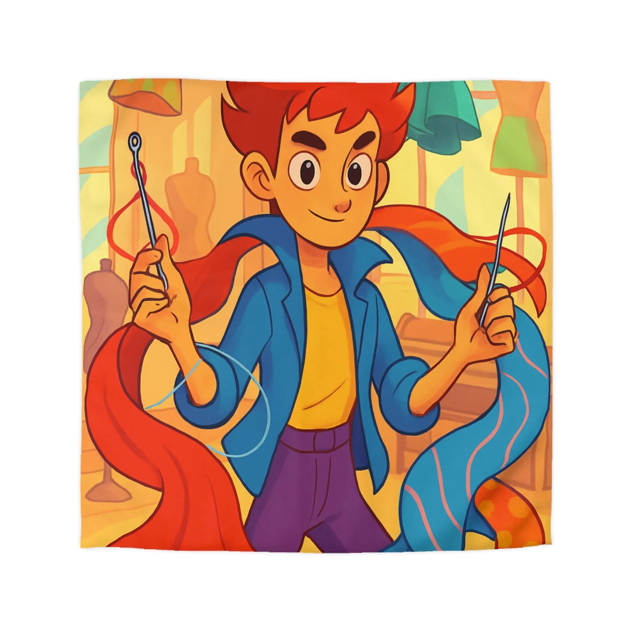 Housse de Couette Enchantée : Jeune Créateur Audacieux Avec Aiguilles, Tissus Colorés, Arrière-Boutique