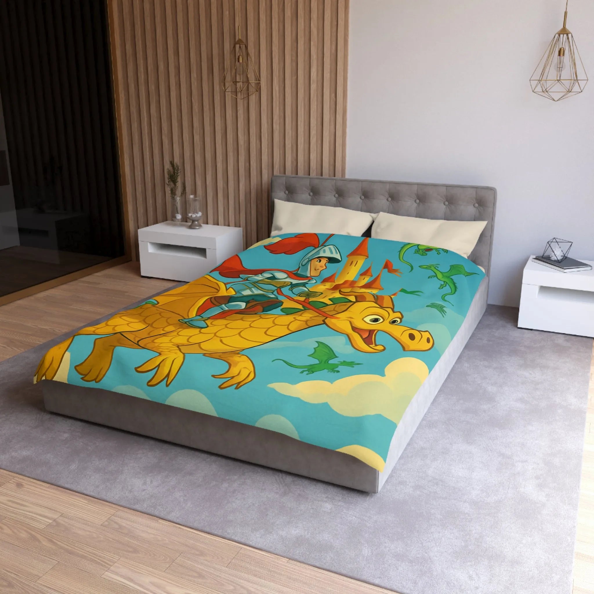 Housse de couette avec chevalier courageux chevauchant un dragon doré au-dessus château fantastique