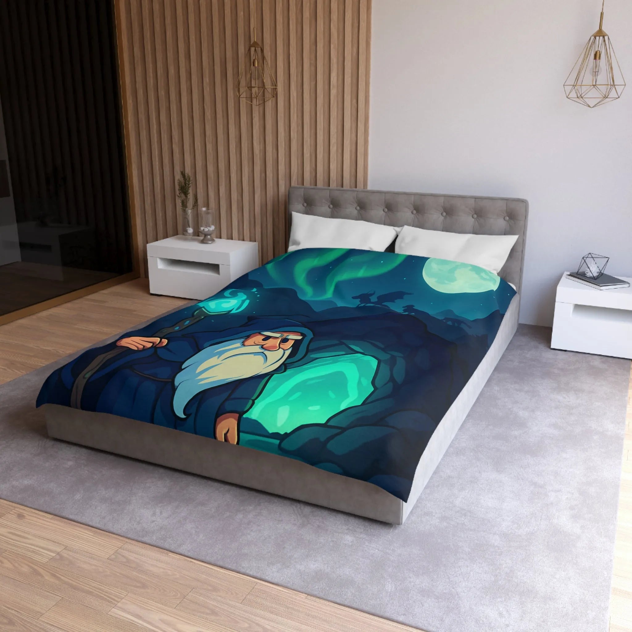 Housse de couette avec illustration de sorcier sous une aurore boréale et pleine lune