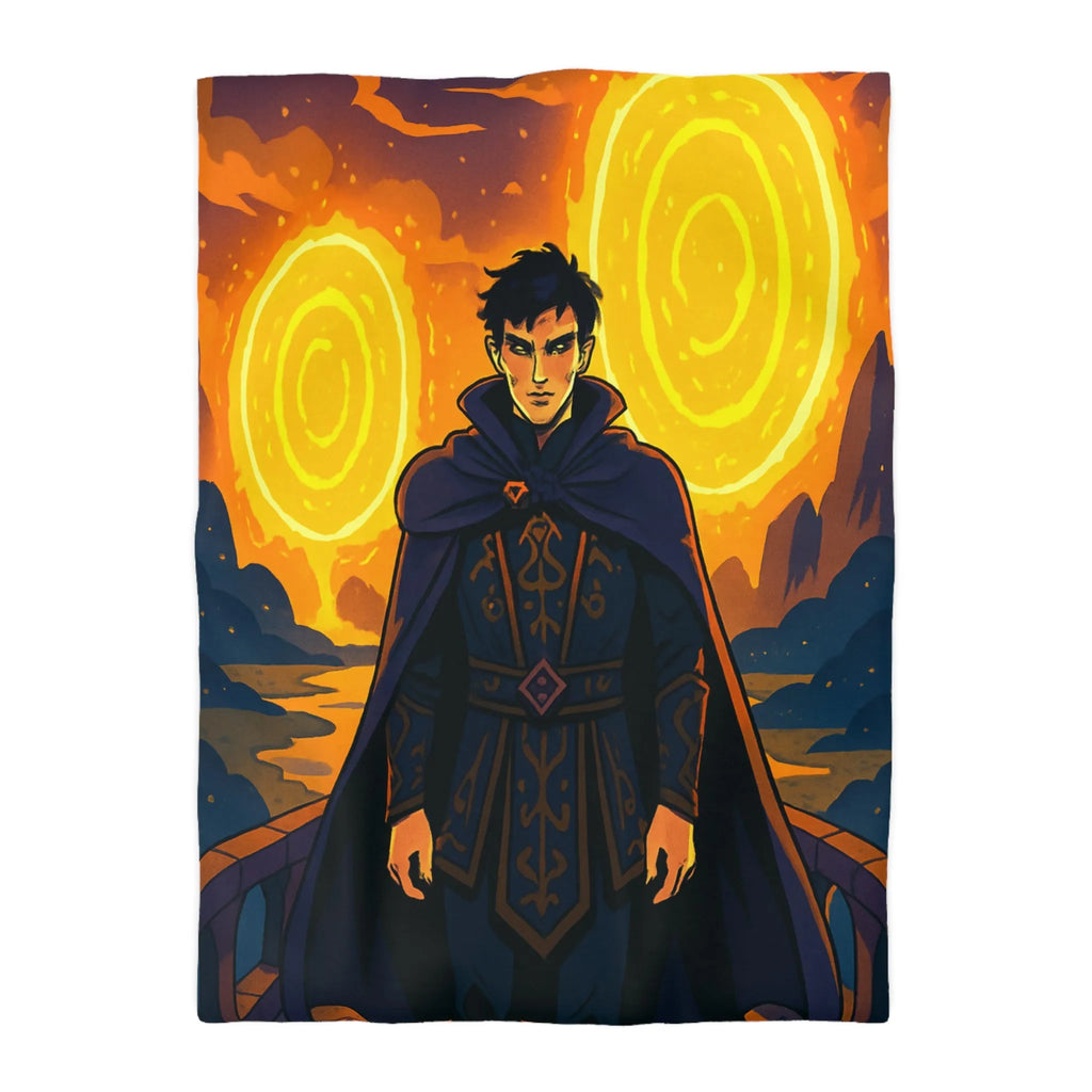 Housse de couette fantastique avec sorcier et portails lumineux dans paysage nocturne magique