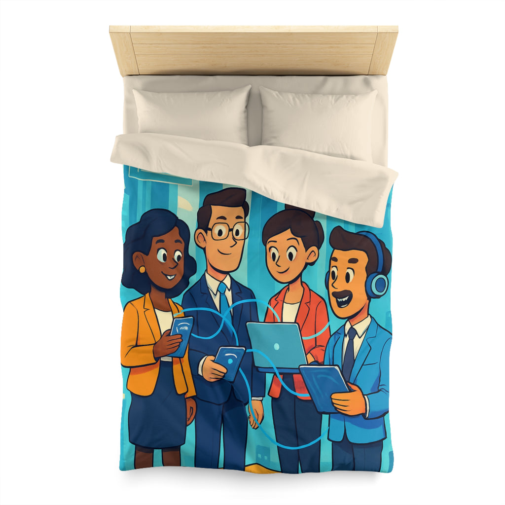 Housse de couette moderne illustrant équipe collaborative en milieu urbain technologique