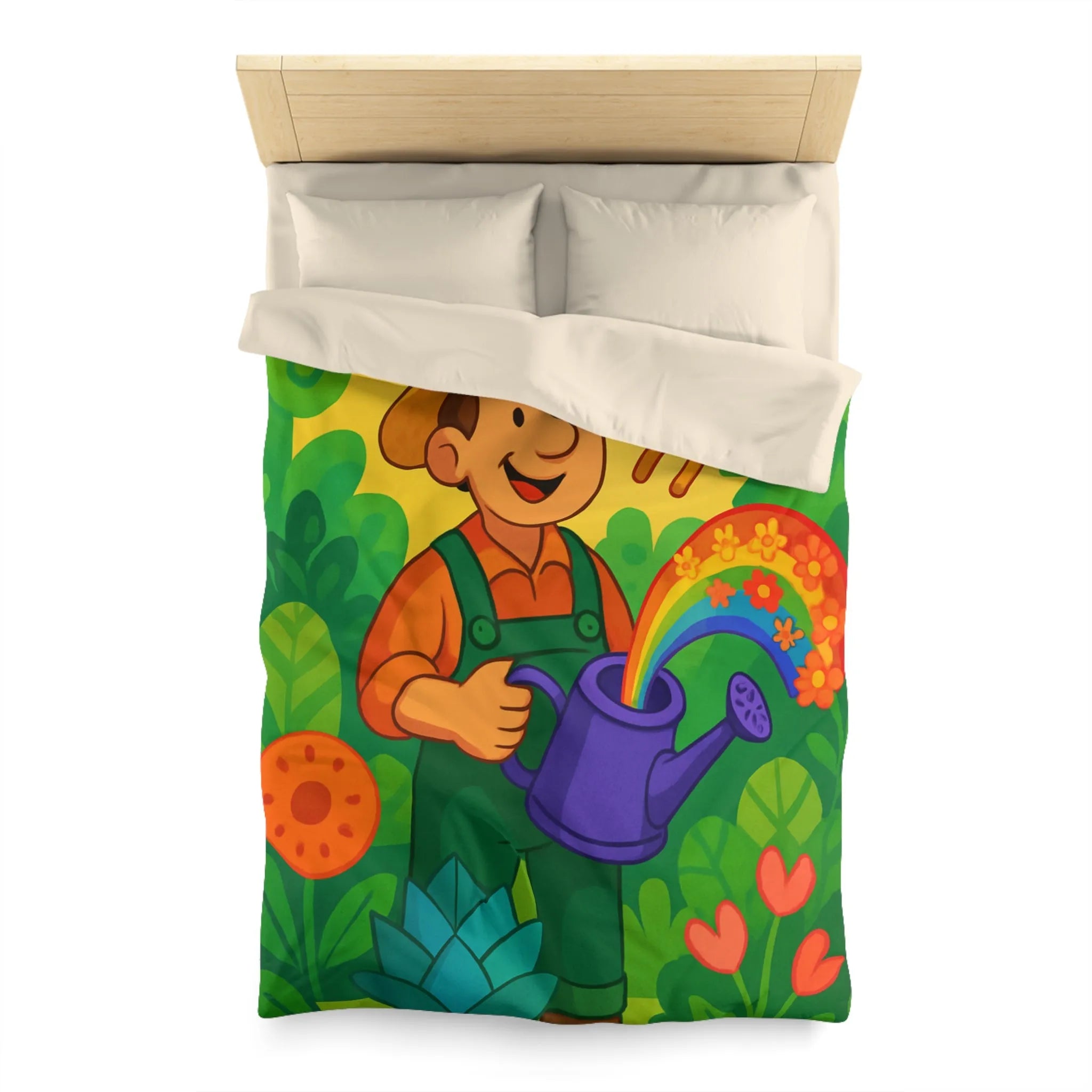Housse de Couette Colorée avec Dessin Jardinier Arrosant des Fleurs et Arc-en-Ciel