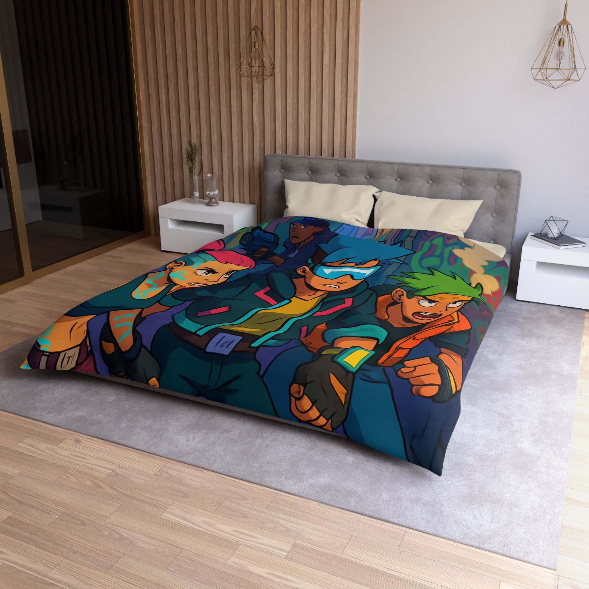 Housse de couette néon rétro avec personnages futuristes dans ruelle urbaine animée