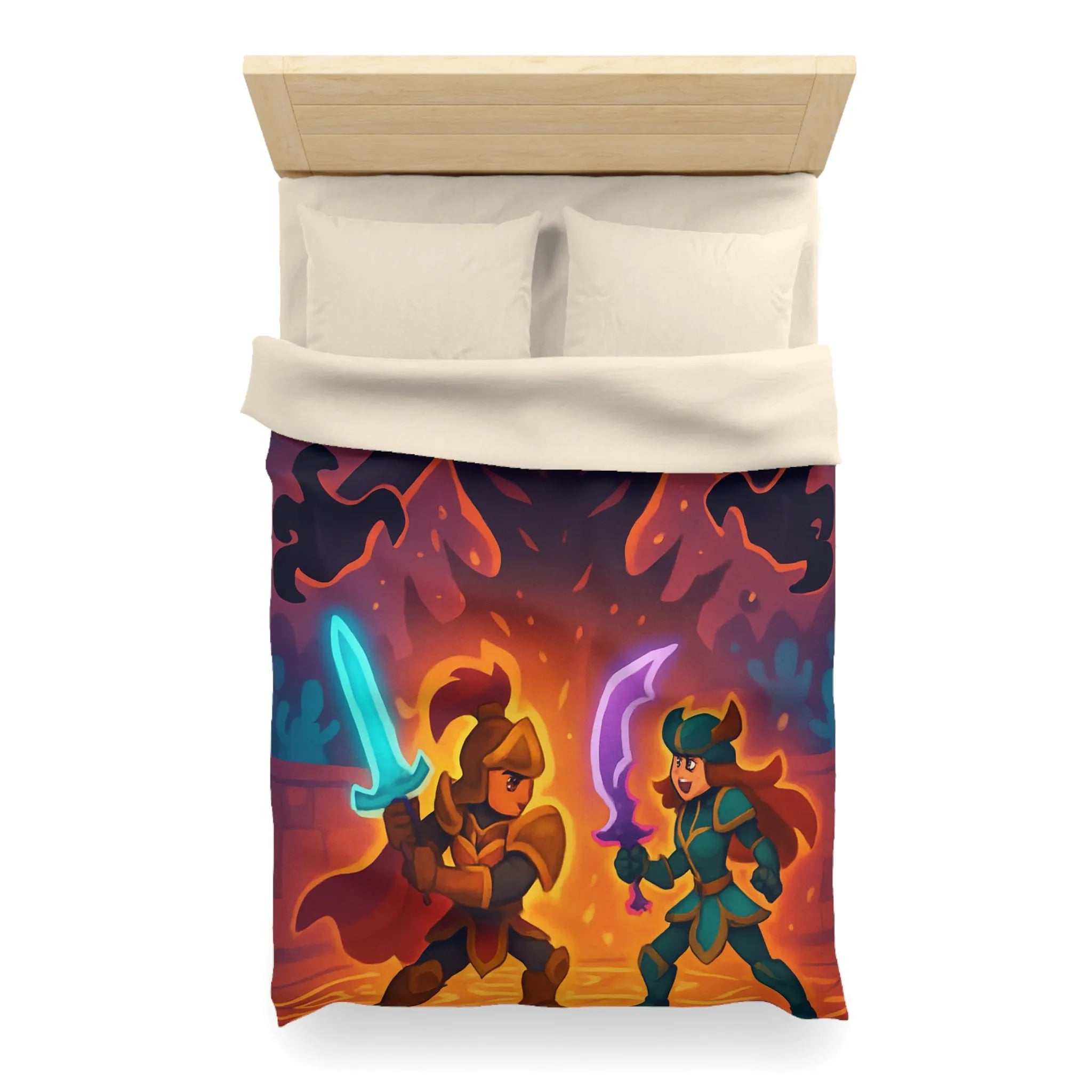 Housse de couette avec illustration fantasy de chevaliers affrontant ombre menaçante au théâtre