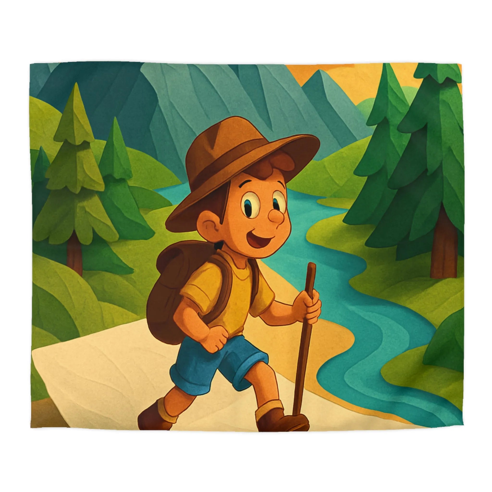 Housse de couette aventure enfantine avec montagne, rivière et jeune explorateur joyeux