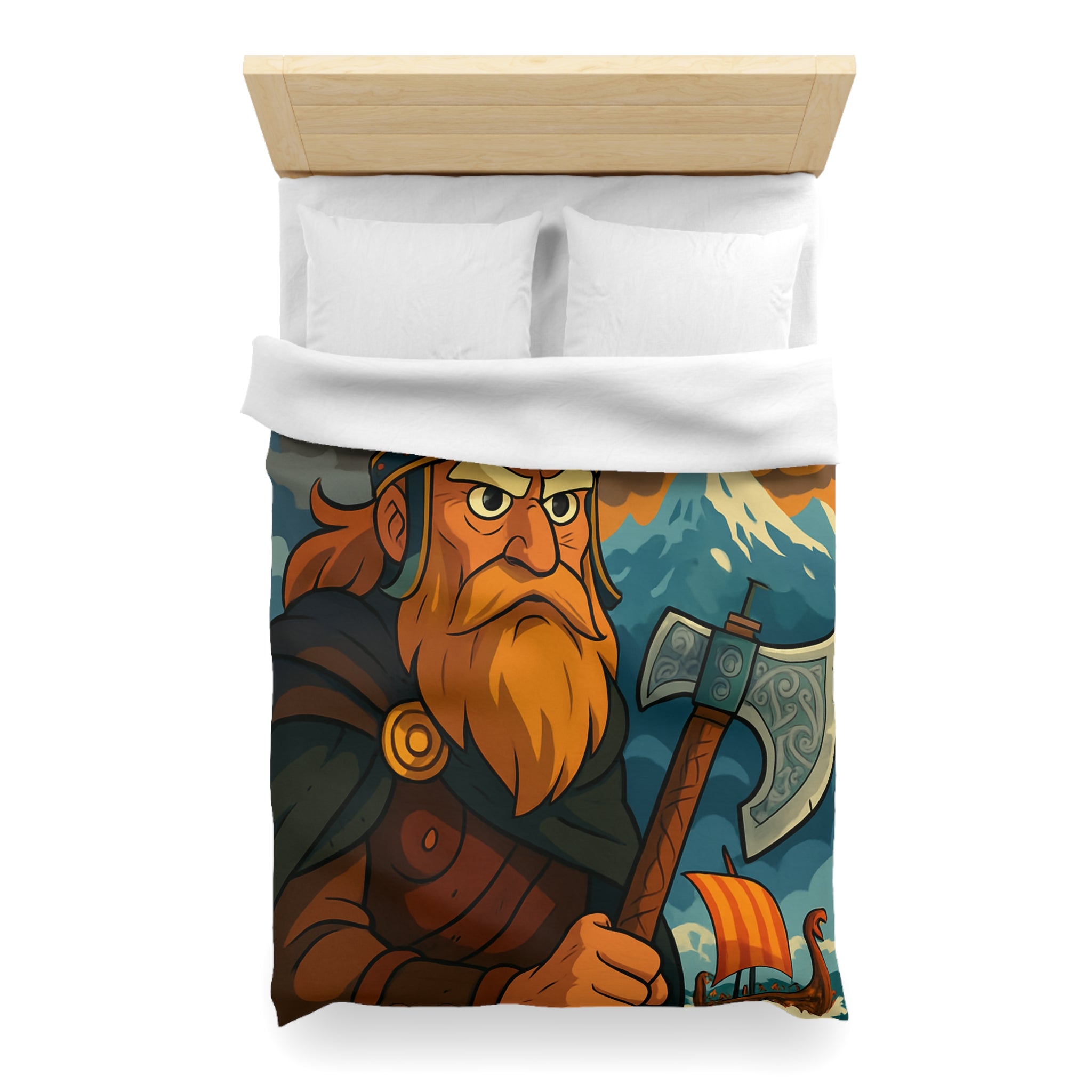 Housse de couette Viking féroce, paysage nordique et drakkar, ambiance mythique captivante