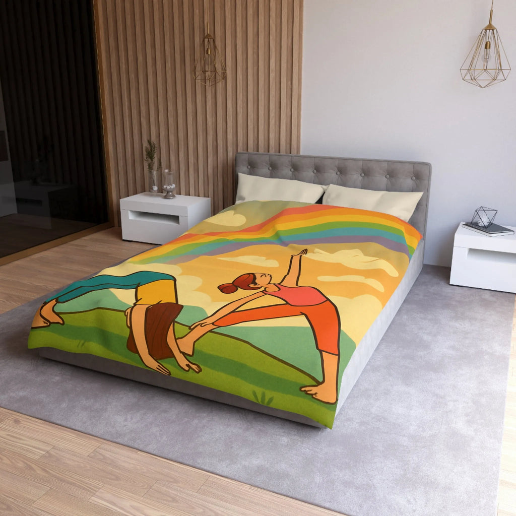 Housse De Couette Enfant Avec Arc-en-Ciel Coloré Et Personnages Pratiquant Le Yoga Énergique