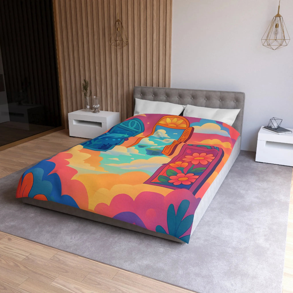 Housse de couette colorée avec trois portes magiques et paysages oniriques enchanteurs