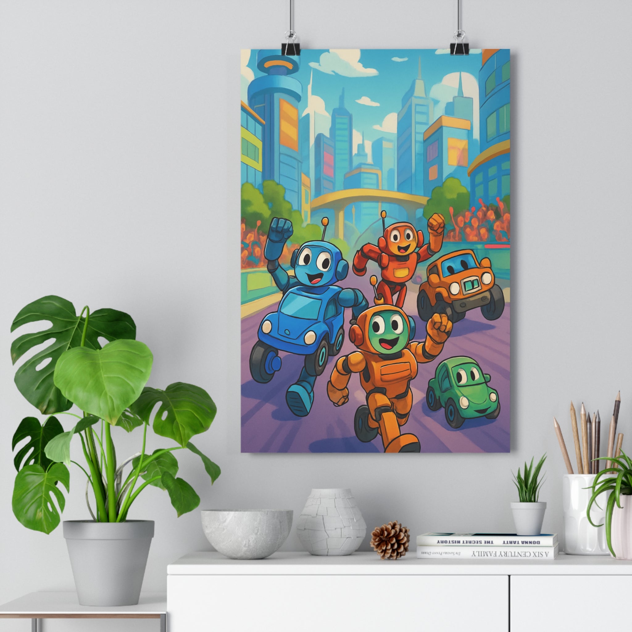 Poster décoratif futuriste robots colorés joyeux moderne ville dynamique enfant chambre bleu vert qualité