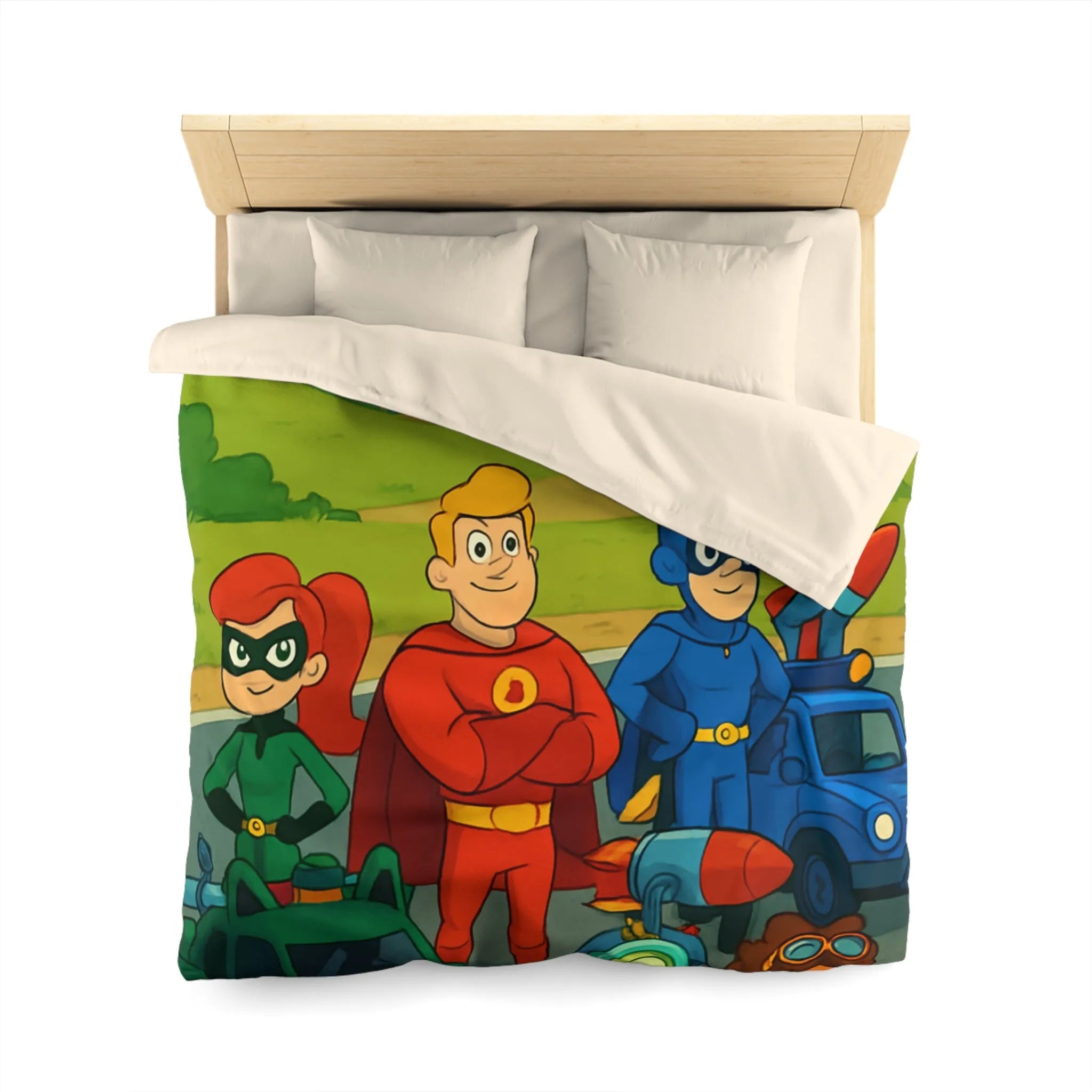 Housse de couette enfant avec super-héros et véhicules colorés dans paysage cartoon vibrant